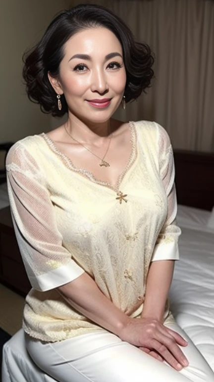 gravure, from the chest up, , mast, highest quality, super detailed, realistic, super dense skin, perfect anatomy, (1 Japanese mature woman), (alone), 60 years old, big breasts, Mature adult female, Plump, Sexy, pure white skin, view viewer, middle-aged women,((Big udder 1.5)),upper limbs, compensate, (lipstick: 0.9), (eyeliner: 0.8), mascara, eye shadow, wavy hair, earrings, necklace, See-through, suite room,Sitting upright in bed、