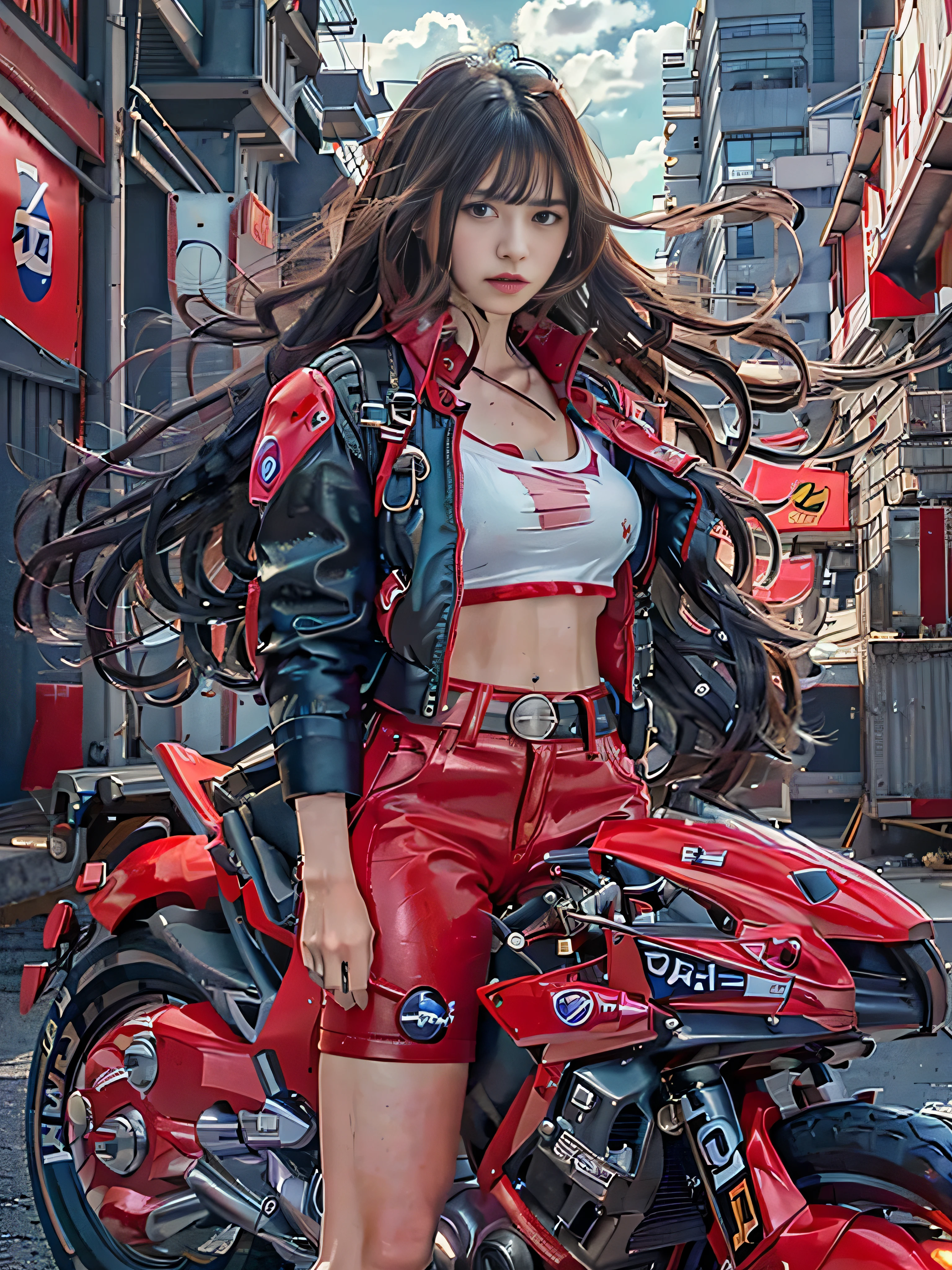 official art, highest quality, masterpiece, (Photoreal:1.4), ((RAW image quality:1.4)), ((Super realistic details)), portrait, global illumination, Shadow, octane rendering, 8K,  Asuka, Eva 02, 1 girl, 13 years, black hair, (long hair fluttering in the wind), Detailed facial depiction, Almond-shaped sky blue eyes, long eyelashes, glossy lips, Tsundere and playful look, (Red low-rise leather pants), (Pure White Cropped T-Shirt:1.4), (Underbust exposure), (Red Down Jacket:1.1), big breasts thin waist, (1 Akira Bike Red:1.4), night, Cyberpunk City View, background bokeh,