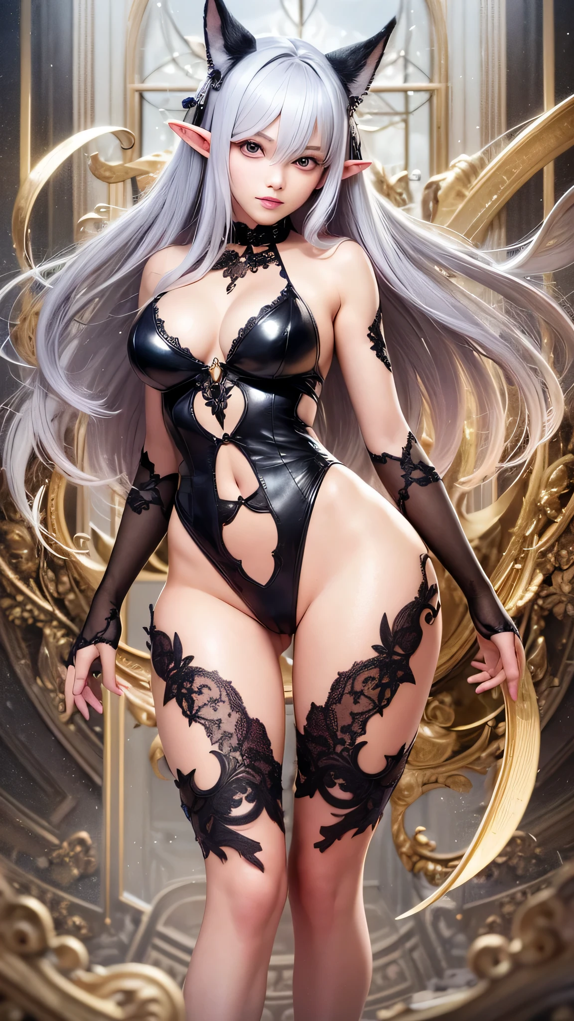 (Close-up:1.4)、(RAW photo:1.2)、(photorealistic:1.4)、(masterpiece:1.3)、(最high quality:1.4)、(Beautiful woman with perfect body:1.4)、solo、7 head and body、(cute face)、(cute:1.2)、(full body shot)、(big breasts:1.3)、(beautiful detailed eyes)、(charming big eyes)、(beautiful double eyelids)、(beautiful and detailed face)、(fantasy、Magic Effects、summoner:1.3)、(Half-Elf:1.2)、(silver hair:1.2)、gorgeous dress、trong wind、See-through、Wet、dark hair、slender、small butt、beautiful feet、skinny legs、Surrealism、cinematic lighting、Depth of bounds written、first person perspective、ticker、muste piece、curate、(perfect anatomy:1.2)、textured skin、super detail、high details、high quality、best quality、High resolution、8K、illumination