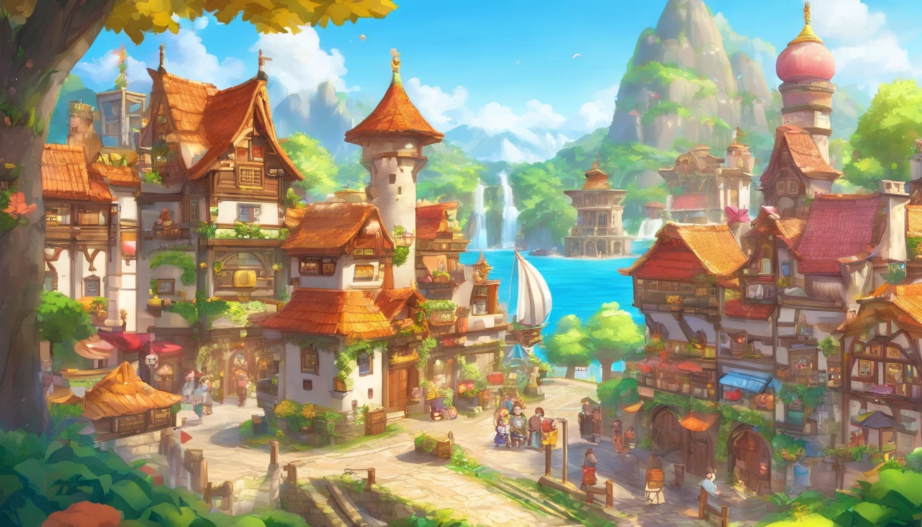 Image of an ancient medieval style city Full of various colors There are many people living happily. There were adventurers walking around with swords and shields. The images are highly detailed. The graphics and people are in the style of the online game Maplestory. (best quality, 4k, 8ก, high resolution, Masterpiece:1.2), Very detailed, (realistically, realistic, realistic:1.37), portrait of, bright colors, The studio lit up., Sharp focus, Physics-based rendering, คำอธิบายรายVery detailed, Bible Topics, Great atmosphere, glowing light.
