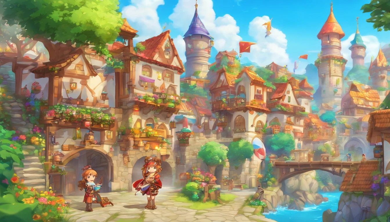 Image of an ancient medieval style city Full of various colors There are many people living happily. There were adventurers walking around with swords and shields. The images are highly detailed. The graphics and people are in the style of the online game Maplestory. (best quality, 4k, 8ก, high resolution, Masterpiece:1.2), Very detailed, (realistically, realistic, realistic:1.37), portrait of, bright colors, The studio lit up., Sharp focus, Physics-based rendering, คำอธิบายรายVery detailed, Bible Topics, Great atmosphere, glowing light.
