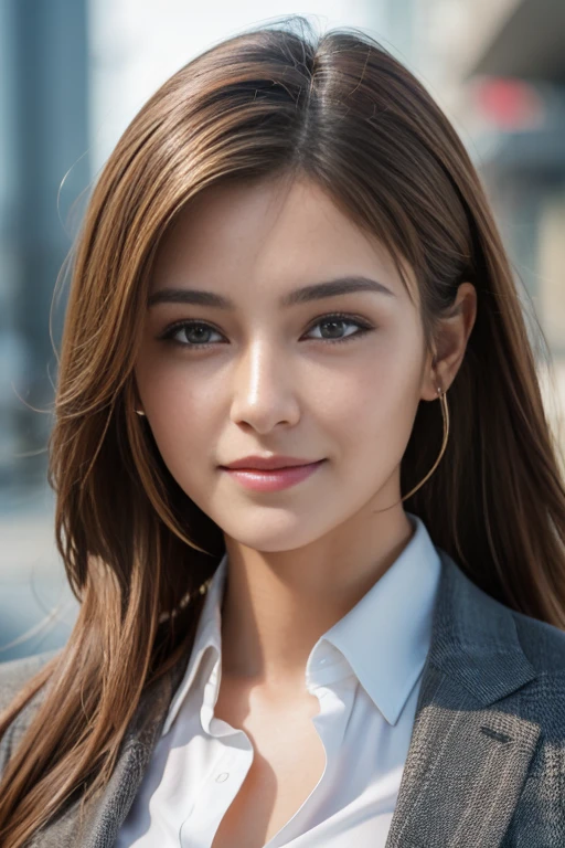 table top, highest quality, realistic, super detailed, finely, High resolution, 8k wallpaper, 1 beautiful woman,, light brown messy hair, wearing a business suit, sharp focus, perfect dynamic composition, beautiful and fine eyes, fine hair, Detailed realistic skin texture, smile, close-up portrait, model body shape