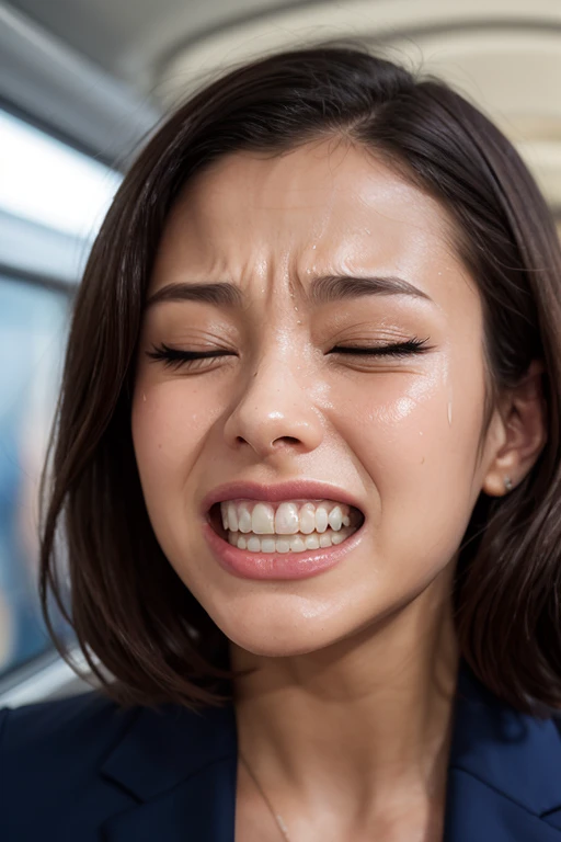 1girl,muste piece,,Award-winning photo, Extremely detailed, edge orgasm,face focus, (woman with open mouth and closed eyes ), 30 years old、black hair、shiny skin、Close-up of face,from below、realistic nostrils、elongated nasal passages,、train、(train車内)、congestion、Are standing、((business suit))、big breasts、(sharp nose)grimacing expression:1.4, concept,teeth,expression,facial expressions,grimacing,head up、((Skin shiny with sweat,skin shining with sweat)),grimacing expression