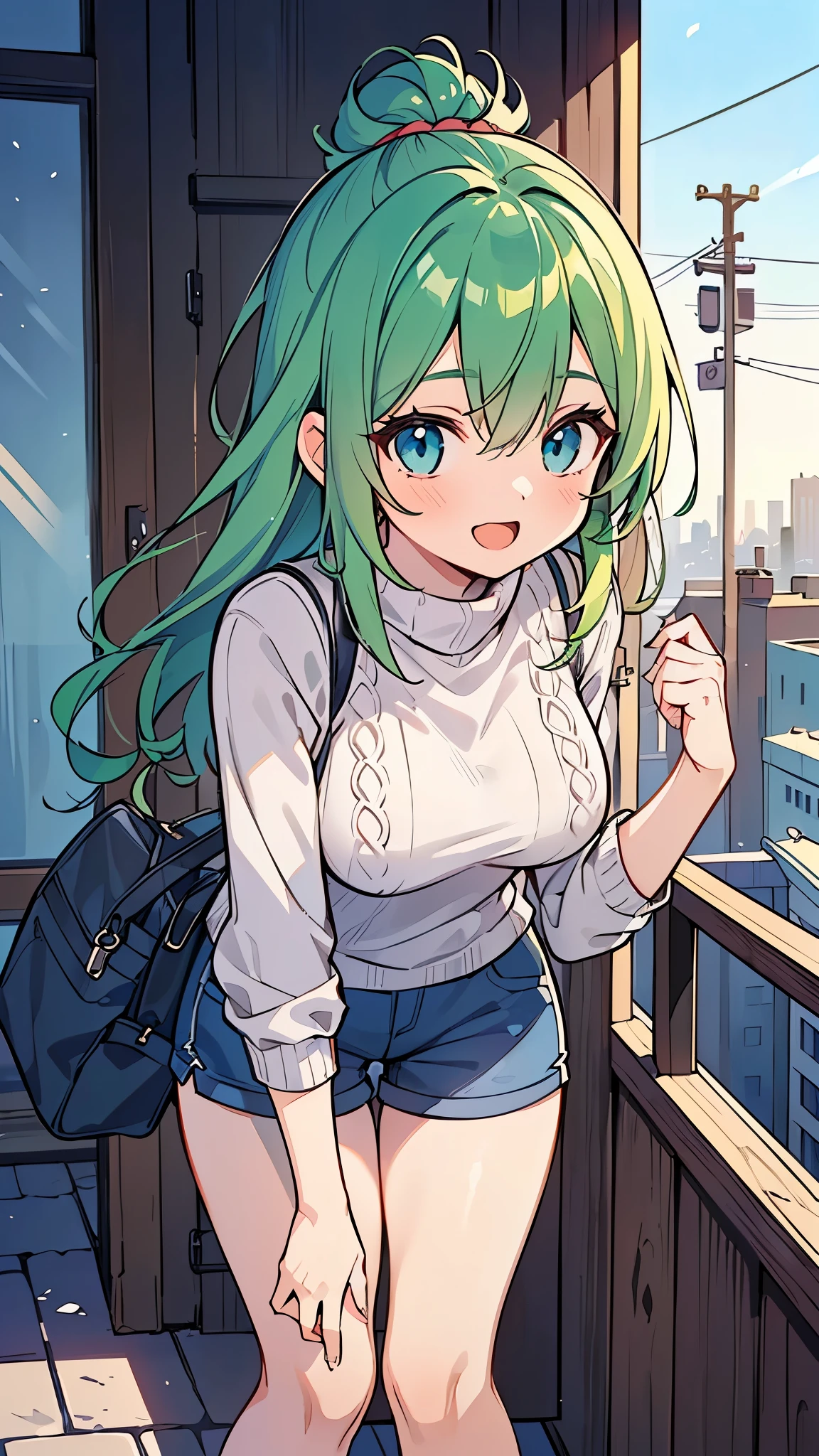 ((A Pretty girl with green hair and blue eyes)), ((Wearing knit sweater and hot pants)), Baby face, ((master piece, top-quality, ultra-definition, high resolution)), anime girl, ((ultra-detailed illust:1.2)), only one person, bangs, hair between eye, beautiful hair, Shiny eyes, Medium breasts, leaning forward posture, Big smile, opened mouth, cityscape
