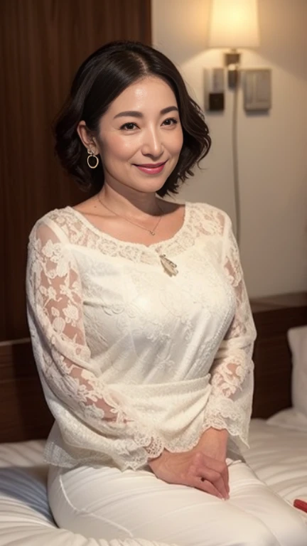  from the chest up, , mast, highest quality, super detailed, realistic, super dense skin, perfect anatomy, (1 Japanese mature woman), (alone), 60 years old, big breasts, Mature adult female, Plump, Sexy, pure white skin, view viewer, middle-aged women,((Big udder 1.5)),upper limbs, compensate, (lipstick: 0.9), (eyeliner: 0.8), mascara, eye shadow, wavy hair, earrings, necklace, See-through, suite room,Sitting upright in bed、
