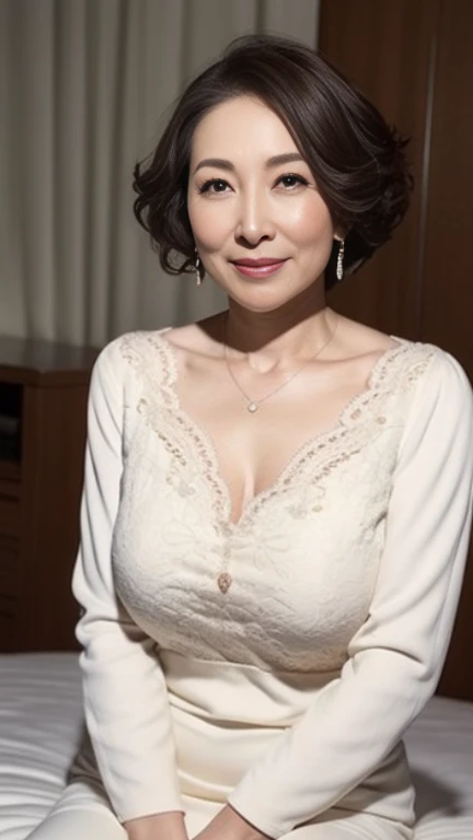 from the chest up, , mast, highest quality, super detailed, realistic, super dense skin, perfect anatomy, (1 Japanese mature woman), (alone), 60 years old, big breasts, Mature adult female, Plump, Sexy, pure white skin, view viewer, middle-aged women,((Big udder 1.5)),upper limbs, compensate, (lipstick: 0.9), (eyeliner: 0.8), mascara, eye shadow, wavy hair, earrings, necklace, See-through, suite room,Sitting upright in bed、