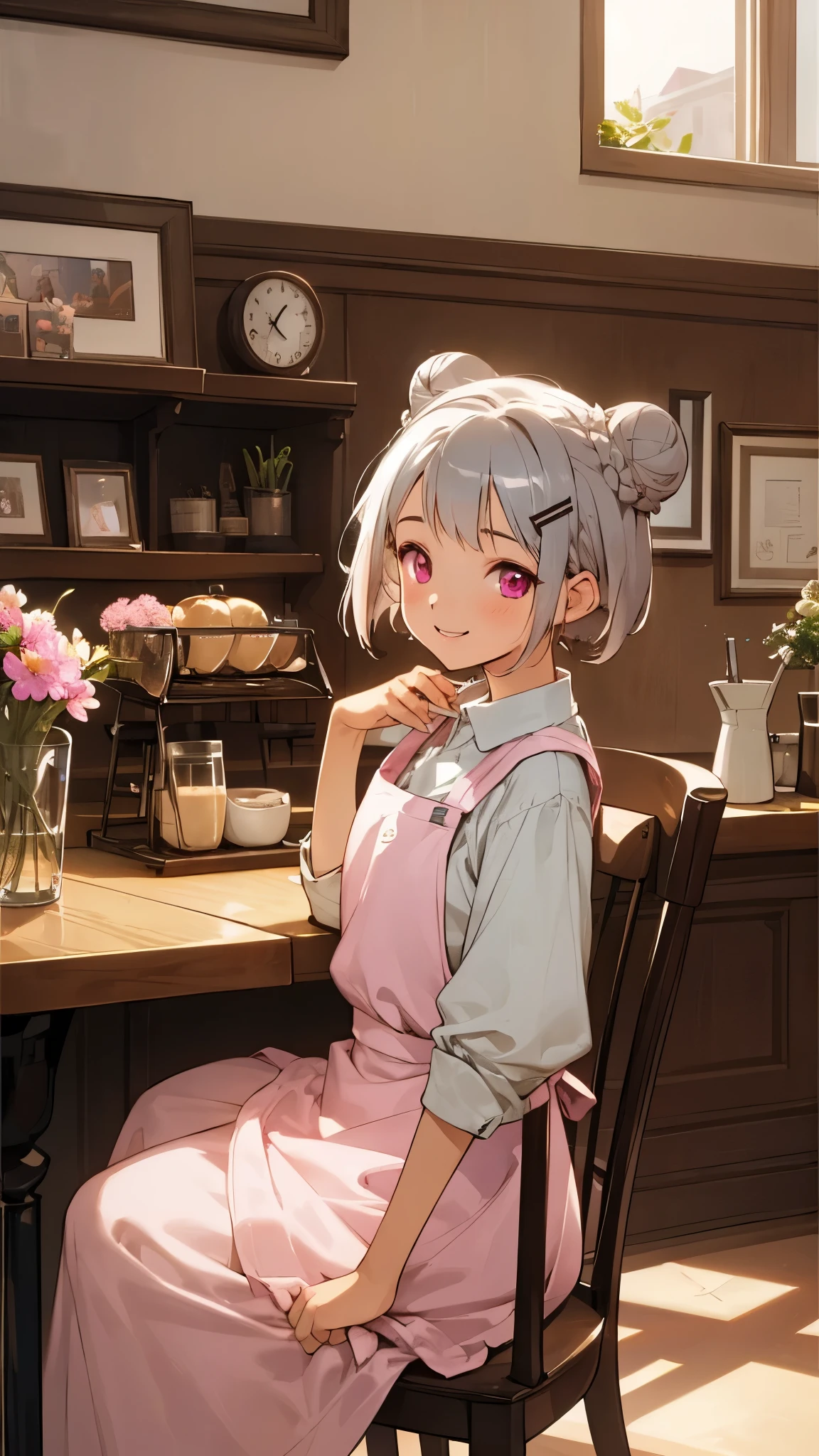 (muste piece)、highest quality、girl working at a coffee shop、Brown apron、Coffee shop seen from the inside、Short hairstyles for silver hair and bob、Bun hair with hair clip、pink eyes、smile、laughter、comfortable、(noon)、flowers in a vase、Warm colors、table chair、 (relaxed atmosphere)、white shirt、barista、From the side