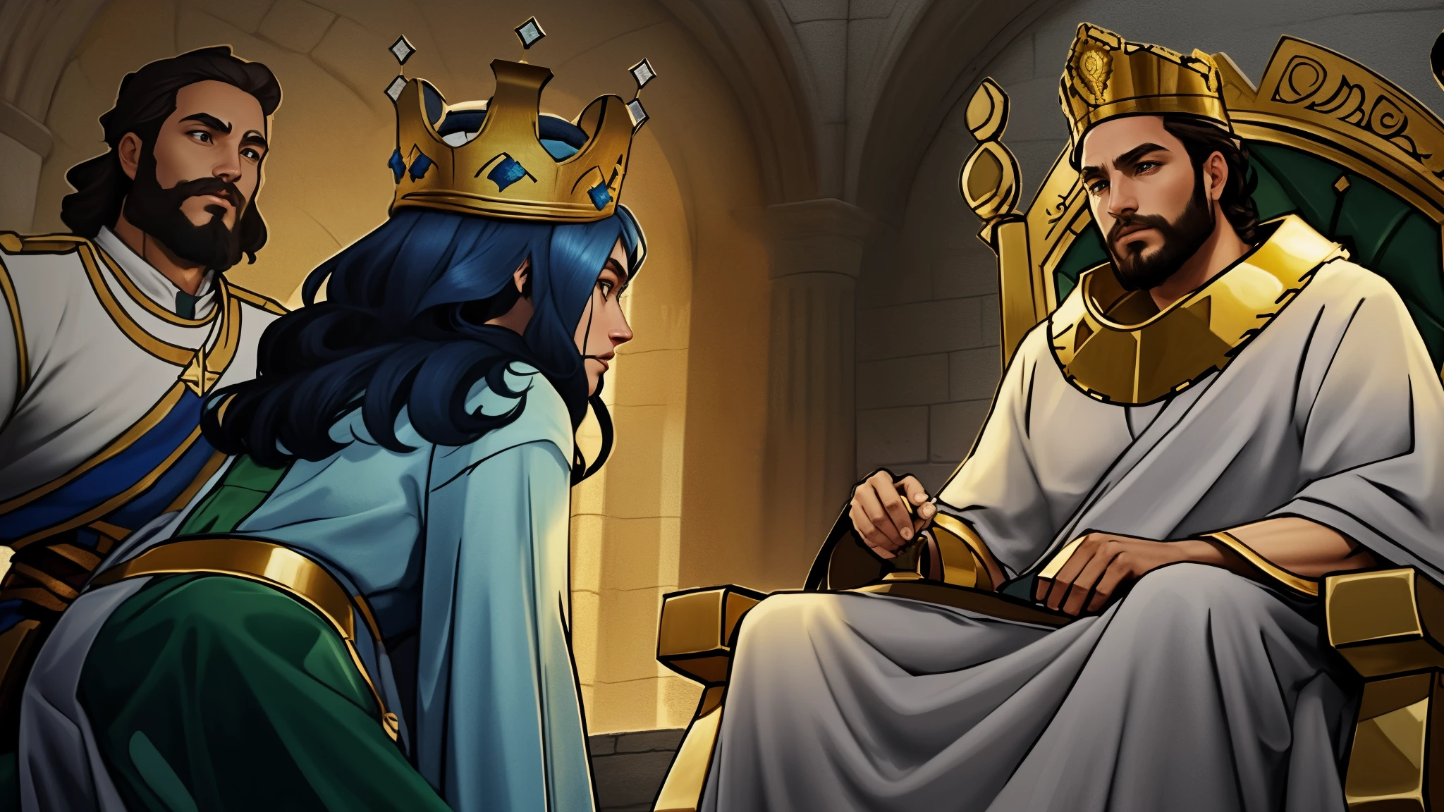 desenho animado de uma mulher ajoelhada diante de um rei sentado em seu trono, the king has a crown on his head, there is a soldier standing, biblical style, epic style, arte digital,