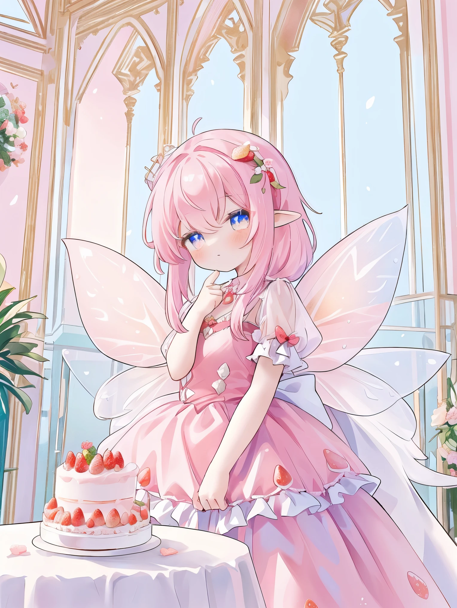 Inside the cafe, highest quality,masterpiece,16K or 8K,Super detailed,fairy girl in tiered colorful gradient ballgown dress、 Little fairy princess - huge white fairy wings on her back - pale pink hair wavy hair - strawberry hair accessory - lavender eyes - long eyelashes - beautiful eyes - pointy ears,(A dress with lots of frills with a strawberry cake motif.)、(A large whole cake decorated with strawberries and fresh cream is placed on a table in the center of the screen.)、