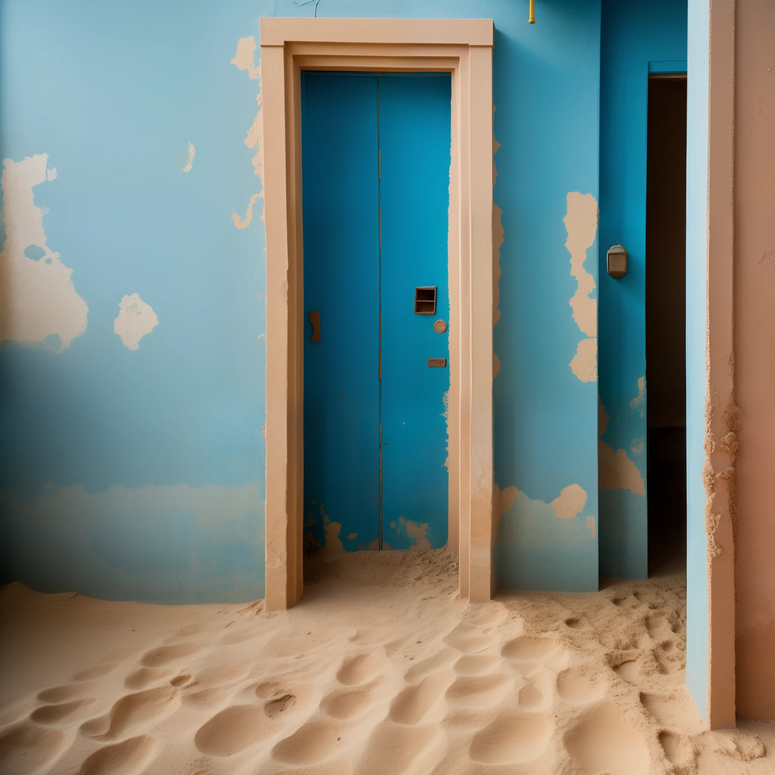 doorway leading to a room with sand and dirt on the floor, blue wall, surreal abandoned buildings, abandoned in a desert, falling sand inside, doors that are cosmic portals, abandoned places, full of sand and dust, portal to another world, sand - colored walls, doorways, abandoned spaces, surreal scene, somewhere in sands of the desert, national geographic photo”, abandoned, realistic, high definition high quality .