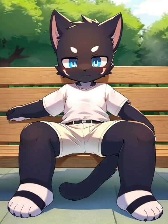 4K，8k，high resolution，masterpiece, best quality，blue eyes, hairy, alone, Wear white shorts， wet fur，((black cat，Shota))In the amusement park，sit on bench，Tape wrapping