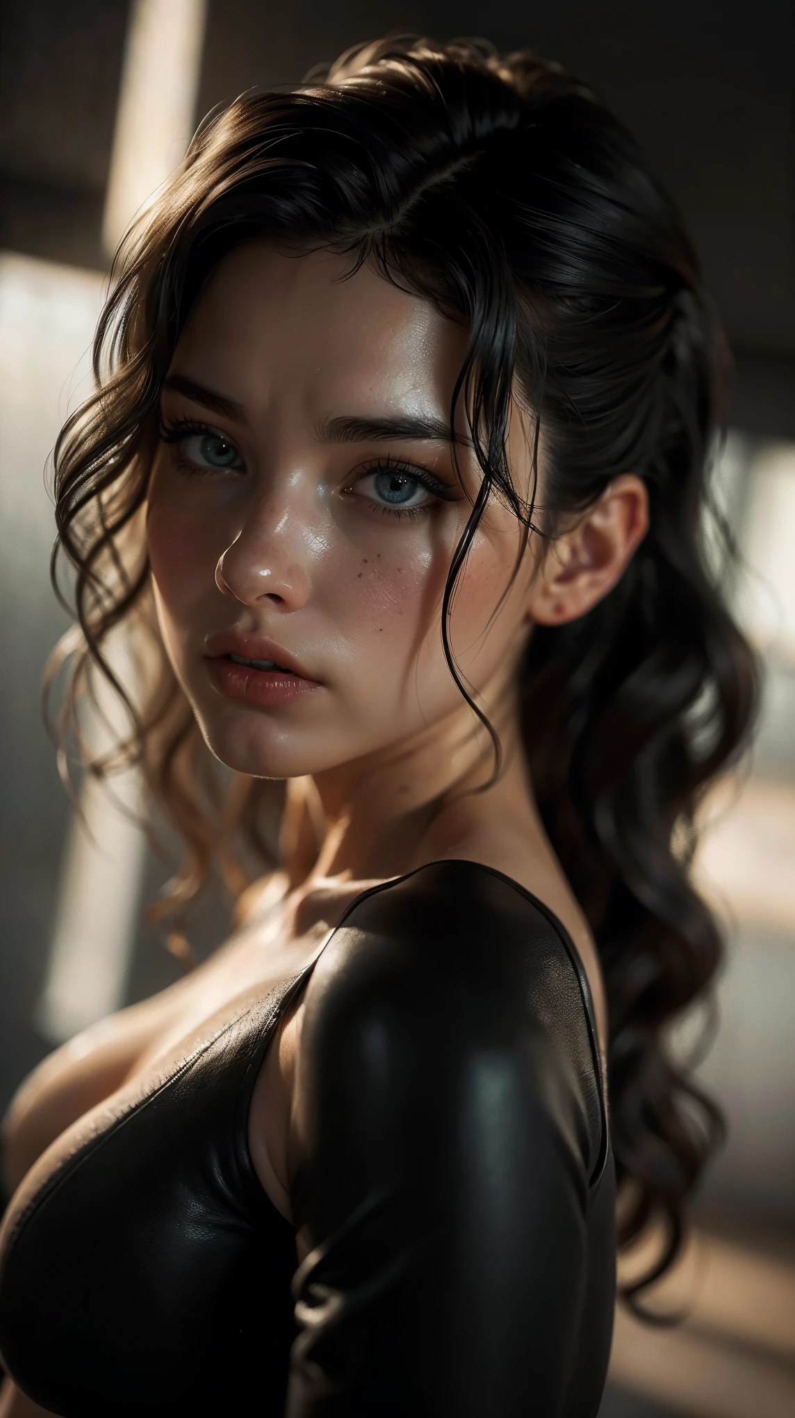 (((ultra realistic))) Photo, masterpiece, top quality, pale skin, (Ultra detailed face and eyes:1.2), 1 girl, (naked) , gloomy atmosphere, Dark background, (Eye makeup, mascara) , ((Dark wavy hair)) , ((Stylish hairstyle)) , (Natural breasts). ((Posing)) , (body curves), photoshoot, studio (Contour lighting), (The play of light and shadows), depth of field, bokeh, (special attention to skin detail: 1.2), Detailed leather texture, skin pores, ((Тёмная и gloomy atmosphere кадра. color scheme - black, Gray, Ashen, Tons)), (Film grain, VHS effect), ((rays)), ((close-up portrait, close to the camera)) , ultra detialed,