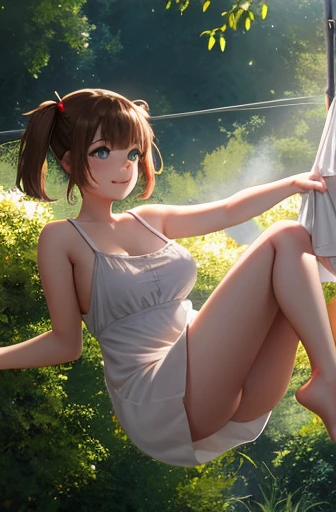 big jump in laundry, She lifts up the under hem of her beige or white plain One-piece dress, leaning over, Climax, get ecstasy, masterpiece, very short pigtails,brown hair, Hair tie with two big red clothespins, mature, Female robot, android, blue eyes, full body figure, Height: 160cm, flushed cheeks, 2020s anime picture, missionary angle, A beautiful robot with short brown hair in two short pigtails held up by two very large huge red clothespins, Uplifting, No NSFW, whole body, barefoot, masturbate, Laughter, archaic smile, jumping orgasm, 25 years old, little bust, character sheet