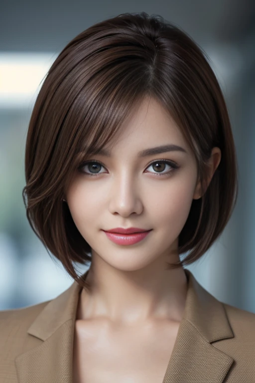 table top, highest quality, realistic, super detailed, finely, High resolution, 8k wallpaper, 1 beautiful woman,, light brown short bob messy hair, wearing a business suit, sharp focus, perfect dynamic composition, beautiful and fine eyes, fine hair, Detailed realistic skin texture, smile, close-up portrait, model body shape
