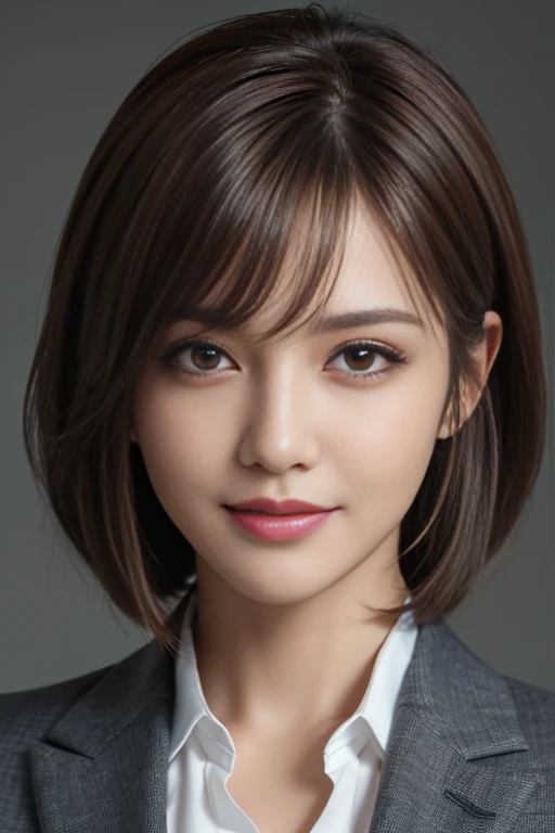 table top, highest quality, realistic, super detailed, finely, High resolution, 8k wallpaper, 1 beautiful woman,, light brown short bob messy hair, wearing a business suit, sharp focus, perfect dynamic composition, beautiful and fine eyes, fine hair, Detailed realistic skin texture, smile, close-up portrait, model body shape