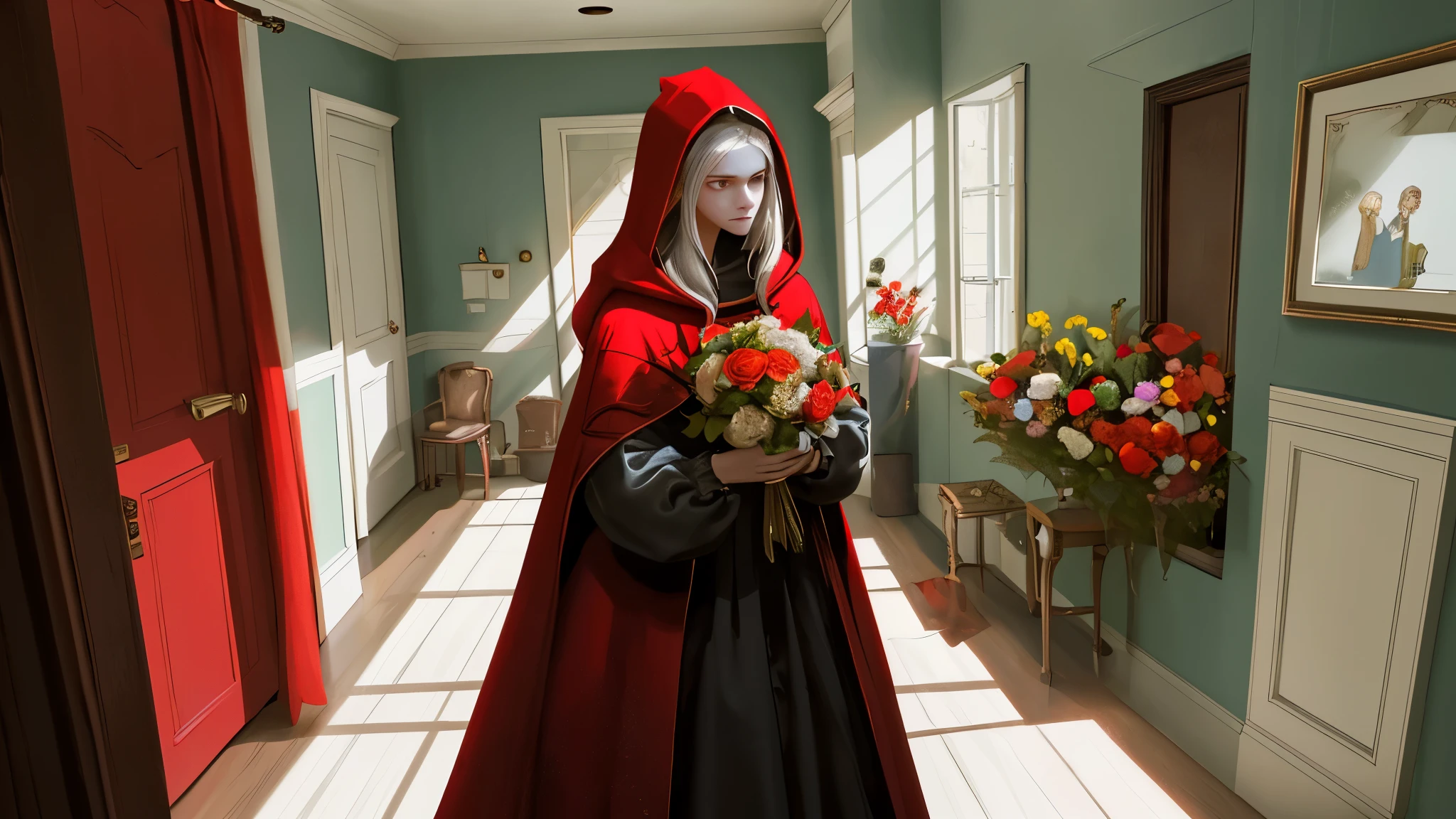 A girl in a red cloak arrives at her grandmother's house with a bouquet of flowers and knocks on the door. Greg answers in the voice of his grandmother and says to come to you. The girl opens the door and enters. He sees that the grandmother is in bed with the blanket pulled over her head. He goes to her and talks to her. He realizes that something is not right and suspects Greg.
