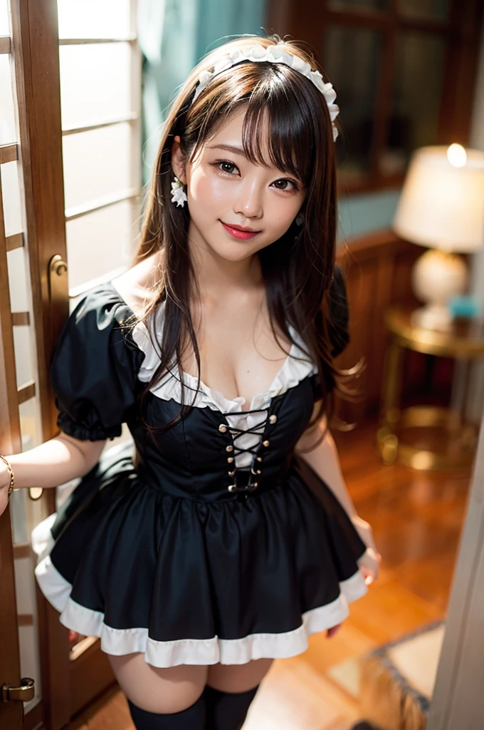 Super high quality, super high definition, super detailed, masterpiece, 25 years old, female, cute, nice body, gothic lolita clothes, gothic lolita fashion, frilly skirt, headdress, necklace, bracelet, knee-high socks, boots, double eyelids, tear bags, Detailed down to the fingers, photo-like description, indoors, dim indoor lighting, black hair, semi long, standing, whole body, composition that shows the whole body, smiling