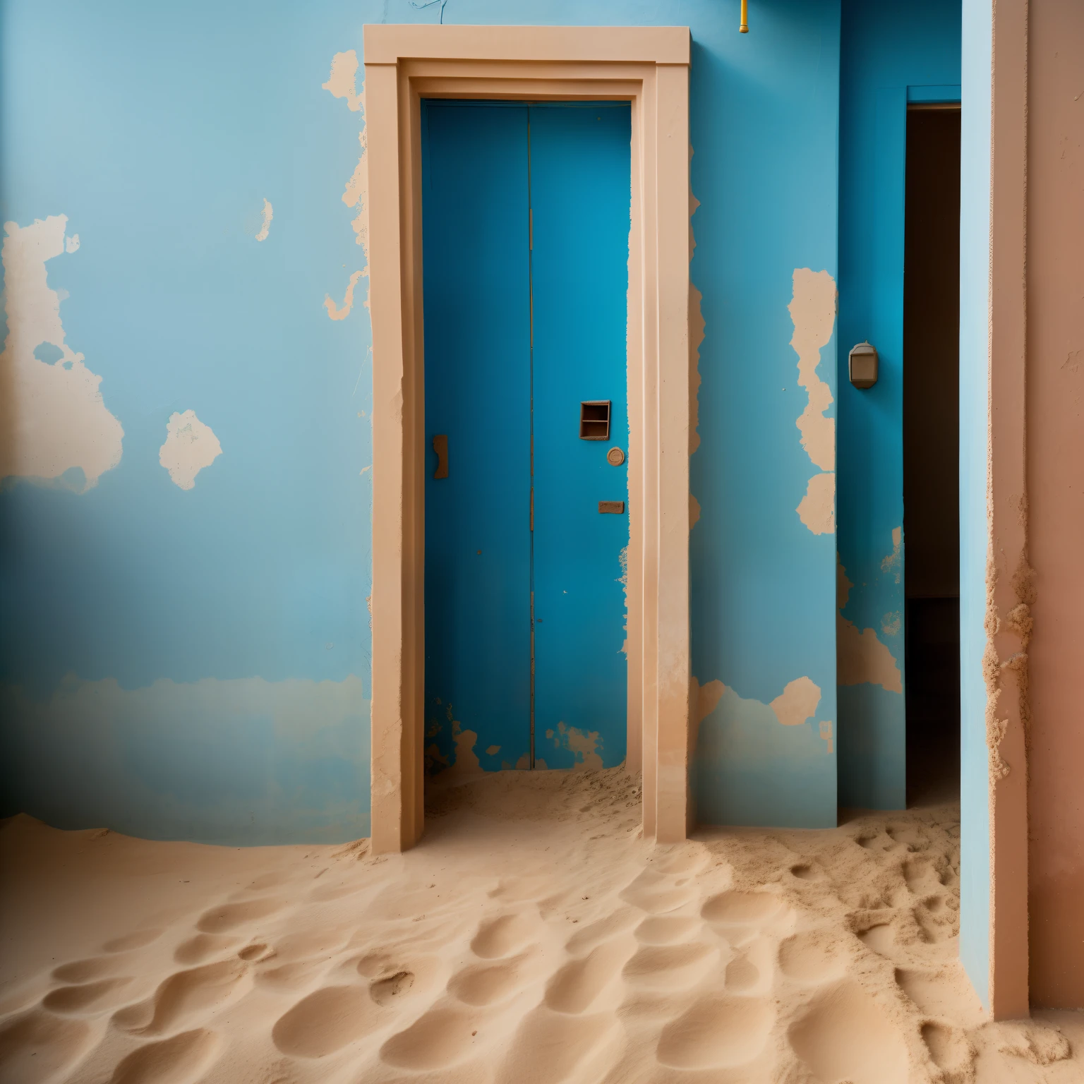 doorway leading to a room with sand and dirt on the floor, blue wall, surreal abandoned buildings, abandoned in a desert, falling sand inside, doors that are cosmic portals, abandoned places, full of sand and dust, portal to another world, sand - colored walls, doorways, abandoned spaces, surreal scene, somewhere in sands of the desert, national geographic photo”, abandoned, realistic, high definition high quality .