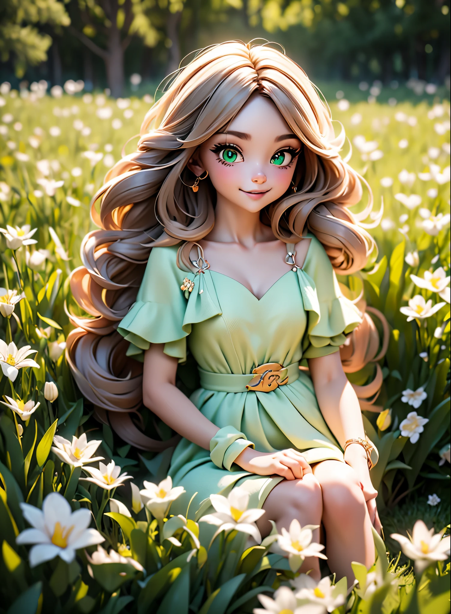 (masterpiece), (highest quality), ultra high resolution, sharp focus, ((1 female, alone)), Upper body, dutch angle, beautiful fine hair, chestnut hair, long hair falls, beautiful detailed face, ((Beautifully shaped eyes, green eyes)), perfect feminine face, look at the audience, smile, Feminine light coordination, In the meadow of lilies flowers, sitting on the ground