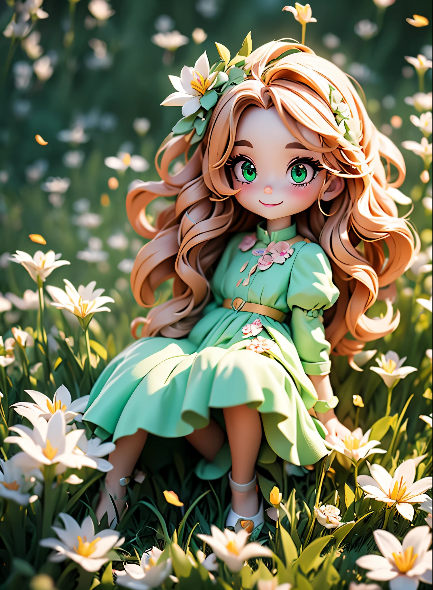 (masterpiece), (highest quality), ultra high resolution, sharp focus, ((1 female, alone)), Upper body, dutch angle, beautiful fine hair, chestnut hair, long hair falls, beautiful detailed face, ((Beautifully shaped eyes, green eyes)), perfect feminine face, look at the audience, smile, Feminine light coordination, In the meadow of lilies flowers, sitting on the ground