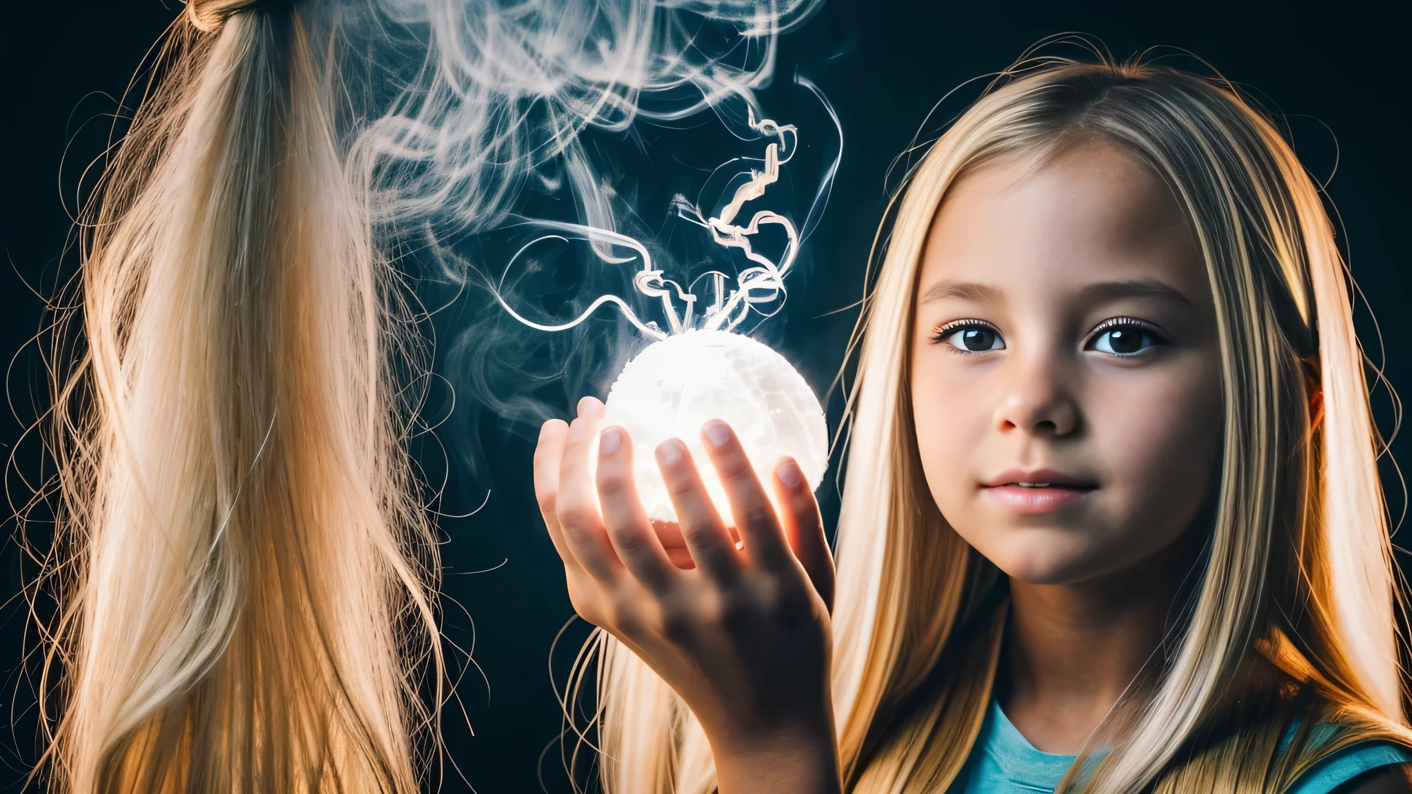 a close-up of a KIDS GIRL BLONDE with long hair, BIG BALL OF electrified ICE IN HANDS. SMOKE BROWN.