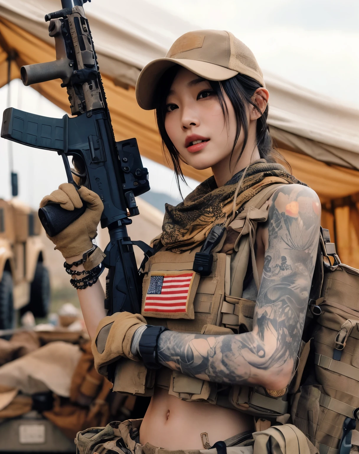 photorealistic、Realistic skin textures、A beautiful Japanese woman belonging to the U.S. military is laughing and talking at a base camp set up in a wasteland.、tent、military vehicle、automatic rifle propped up、bulletproof vest、afghan scarf、baseball cap、Backpack、Heavy equipment、tattoo、boots、、Action poses with movement、
