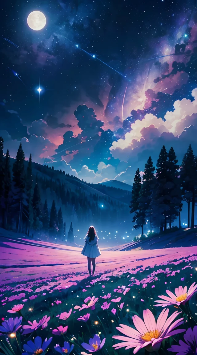 (masterpiece), highest quality, beautiful flower field at night, nice sky with stars and constelations, volumetric clouds, beautiful clouds, (full moon), a Magic atmosphere, It&#39;s a dream-like image, vast landscape photography, There are colorful flowers in the field, I feel calm and peaceful, Gentle breeze, the scenary has a Magic glow, fire Fly, Detailed beauty, beauty of nature,astronomical photography, contemplation of nature, bright moon,
break nebula, milk way, space sky, starry sky, fisheye lens, dynamic angle, (dynamic composition:1.4), professional image,production art, Complex, fascinating, nice,breathtaking,wonderful, Magic, Volumetric light,  [purple]