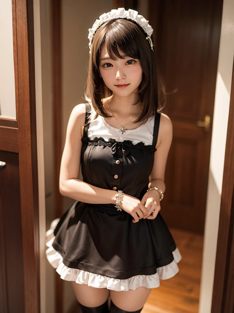 Super high quality, super high definition, super detailed, masterpiece, 25 years old, female, cute, nice body, gothic lolita clothes, gothic lolita fashion, frilly skirt, headdress, necklace, bracelet, knee-high socks, boots, double eyelids, tear bags, Detailed down to the fingers, photo-like description, indoors, dim indoor lighting, black hair, short bob, standing, whole body, composition that shows the whole body, smiling