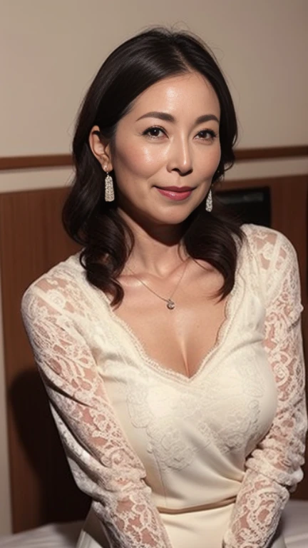 from the chest up, , mast, highest quality, super detailed, realistic, super dense skin, perfect anatomy, (1 Japanese mature woman), (alone), 60 years old, big breasts, Mature adult female, Plump, Sexy, pure white skin, view viewer, middle-aged women,((Big udder 1.5)),upper limbs, compensate, (lipstick: 0.9), (eyeliner: 0.8), mascara, eye shadow, wavy hair, earrings, necklace, See-through, suite room,Sitting upright in bed、Sexyベージュの下着、A gaze that seduces viewers、