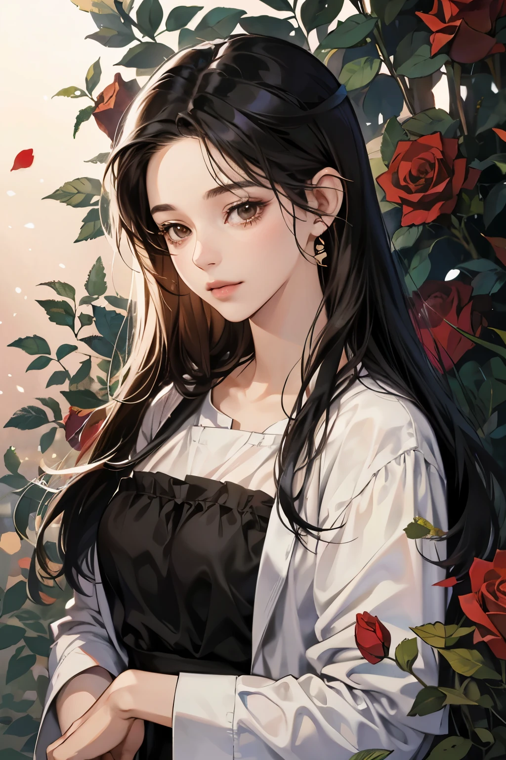 40 years old woman with black hair, brown eyes in anime style, roses in background