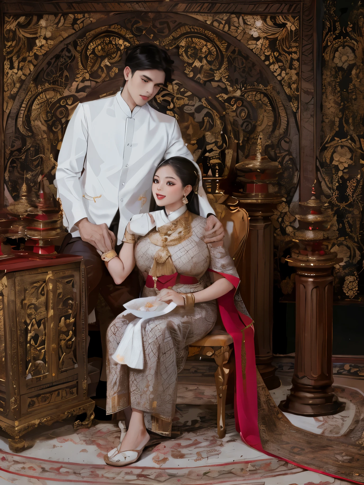 there is a man and woman sitting on a chair in a room, sukhothai costume, in style of thawan duchanee, barong family, barong family member, royal elegant pose, couple, backdrop, traditional, traditional clothing, south east asian with long, inspired by Sasha Putrya, traditional clothes, traditional dress, lovely couple, full protrait