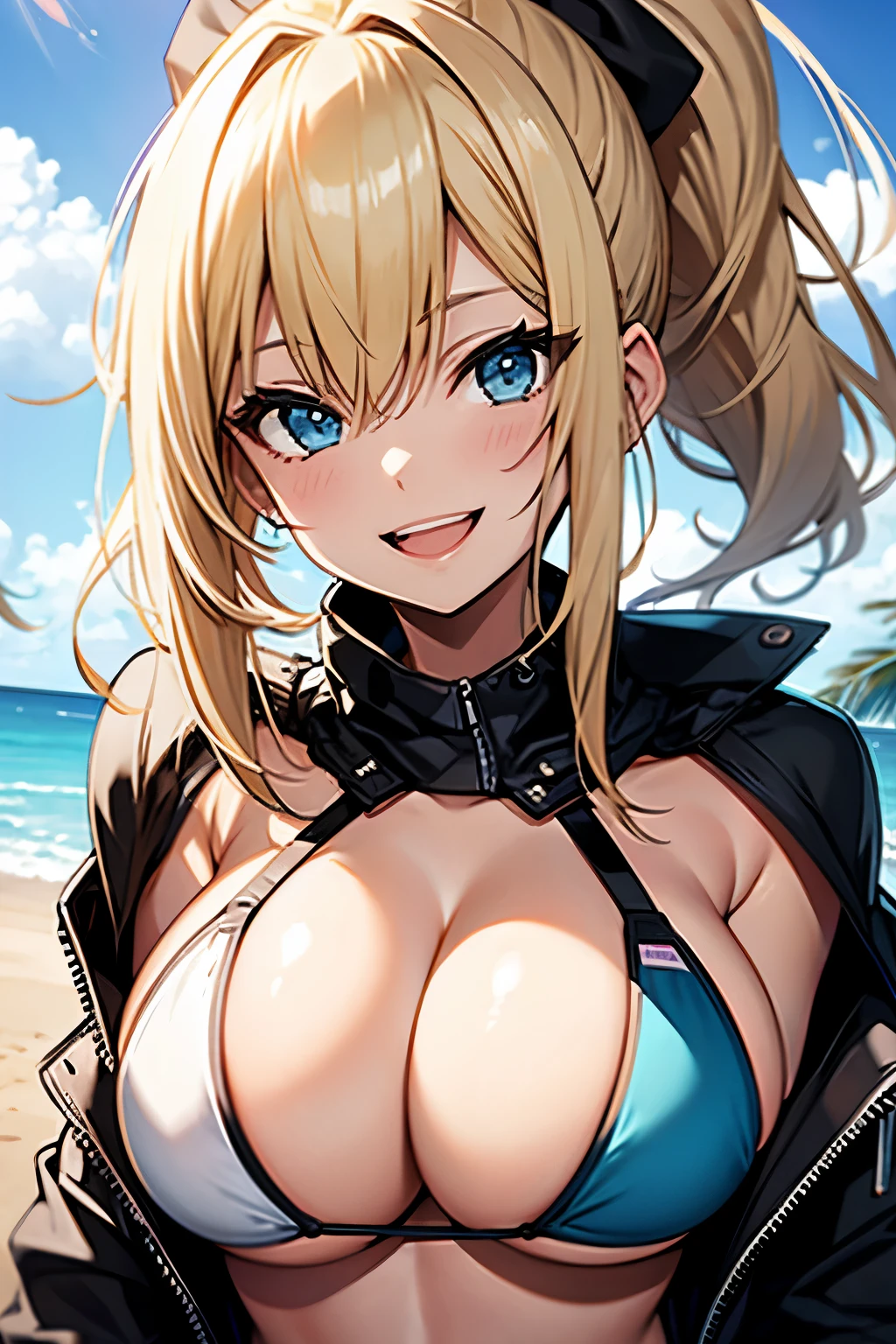 Beautiful girl, smiling with open mouth, ponytail, blonde hair, bikini, big breasts, cleavage,