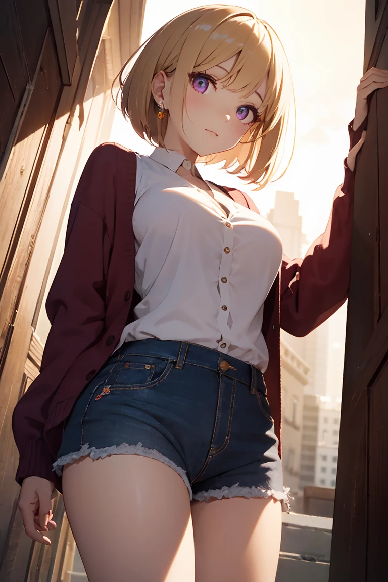 masterpiece, absurdres, best quality, ultra detailed, high Resolution, detailed illustration, extremely beautiful detailed face and eyes, Delicate beautiful face, bright colour, 1girl, cute face, magenta eyes, sparkling eyes, big eyes, medium breasts, (perky breasts:1.1), (pointy breasts:1.1), medium hips, glamorous body, white skin, happy, BREAK, long bob cut, (blonde hair:0.8), messy hair, detailed hair, shiny hair, BREAK cardigan, tiny ribbon, real world, natural lights, perfect lighting, outdoor, from below,