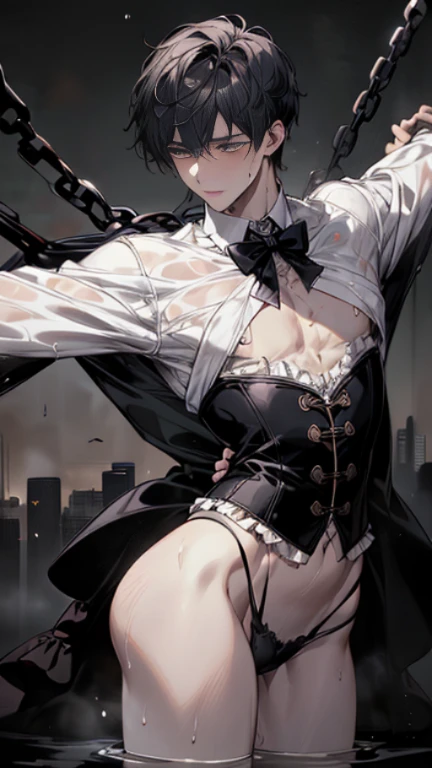 masterpiece、best quality、real、hyper detail、In 8K,High resolution、sharpen focus、Depth of bounds written、soft lighting、((1 male))、Pretty men、((Perfect male body))、(whole body)、lean body、Handsome guy、slender body、tears、blushed、(restraints)、(fetters)、((wet skin))、standing with one&#39;s arms spread out、short hair、men&#39;s hairstyle、dull bangs、((wearing a black frilly dress))、corset、bustier metal collar、()、man in bow shape、lean back、Lower back floats、excited、I&#39;m having convulsions、Sweat、Countless chains、Alley、city