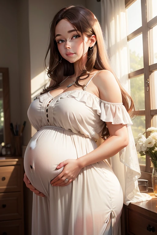A pregnant woman with a big belly wearing a loose-fitting dress exudes a radiant and gentle aura. Her honey-brown hair cascades down her shoulders, framing her delicate features. Her large, expressive eyes shine with anticipation and joy, as she gazes at her own reflection in the mirror. Her loose-fitting dress, in soft pastel hues, billows gently around her, revealing the beautiful curve of her pregnant belly. Her calming presence is further emphasized by the warm, natural light filtering in through the window, illuminating her cozy studio.