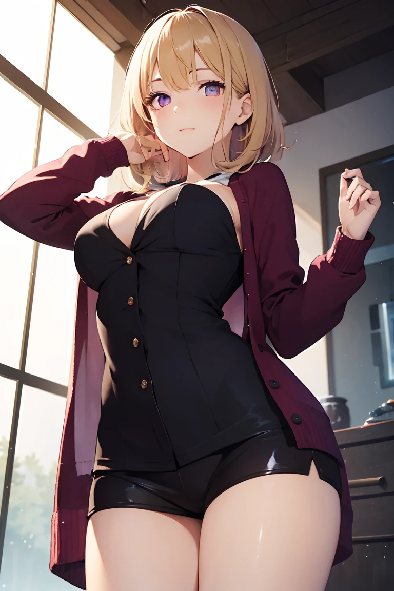 masterpiece, absurdres, best quality, ultra detailed, high Resolution, detailed illustration, extremely beautiful detailed face and eyes, Delicate beautiful face, bright colour, 1girl, cute face, magenta eyes, sparkling eyes, big eyes, medium breasts, (perky breasts:1.1), (pointy breasts:1.1), medium hips, glamorous body, white skin, happy, BREAK, long bob cut, (blonde hair:0.8), messy hair, detailed hair, shiny hair, BREAK cardigan, tiny ribbon, real world, natural lights, perfect lighting, outdoor, from below,