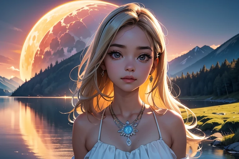 1 chica, serene expression, ojos fascinantes, pelo largo y liso, vestido fluido, postura equilibrada, piel de porcelana, rubor sutil, Colgante de cristal QUEBRAR Hora dorada, (edge lighting):1.2, warm tones, llamarada del sol, destello solar, sombras suaves, Colores vibrantes, pictorial effect, Dreamy atmosphere BROKE Scenic Lake, distant mountains, sauce, aguas tranquilas, reflection, Nubes iluminadas por el sol, ambiente tranquilo, idyllic sunset, ultra detallado, Arte oficial, fondo de pantalla de unidad 8k , zentangle, mandala