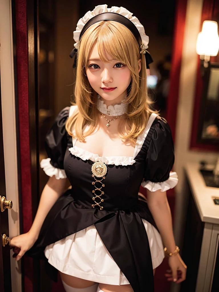 Super high quality, super high definition, super detailed, masterpiece, 25 years old, female, cute, nice body, gothic lolita clothes, gothic lolita fashion, frilly skirt, headdress, necklace, bracelet, knee-high socks, boots, double eyelids, tear bags, Detailed down to the fingers, photo-like description, indoors, dim indoor lighting, blonde hair, short bob, standing, whole body, composition that shows the whole body, smiling