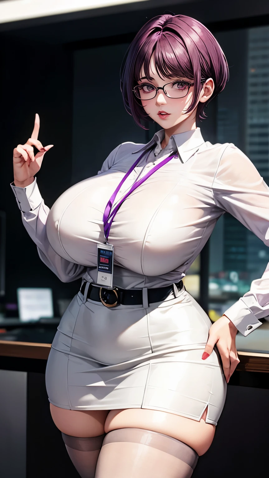 purple short hair　Glasses　white blouse　black tight skirt　stockings　(lanyard id card)　55 years old　red rouge plump lips　round face　Plump　Eyes meet　Office on the top floor of a skyscraper　Female President