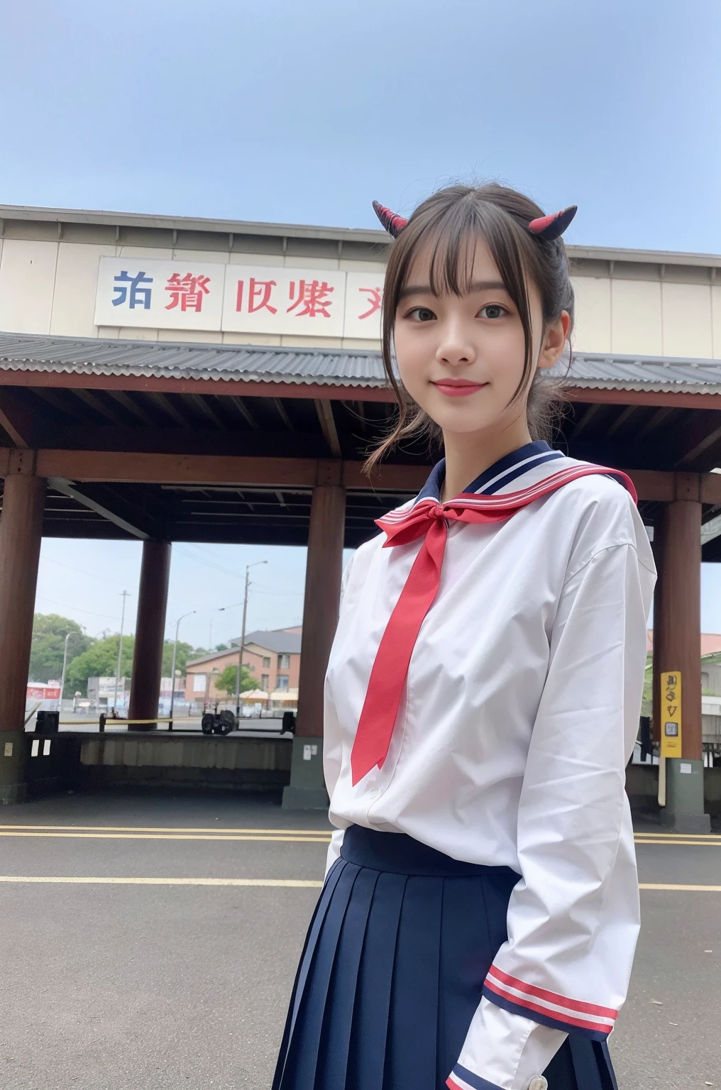 Girl in front of old Japanese train station,White sailor school shirt,Navy blue high waist pleated skirt,Hair adorned with a thin crimson ribbon bow,Bag,18 years old,Bangs,a little smile,knees,short hair,low ponytail,20 from below:15:Pink hair expires in 12 13 days, halo, horns, multicolored eyes, long pointy ears, mouth hold, Surrealism, Fujicolor, Suprematism, 8k, super detail, 16k, best quality, highres, UHD, masterpiece