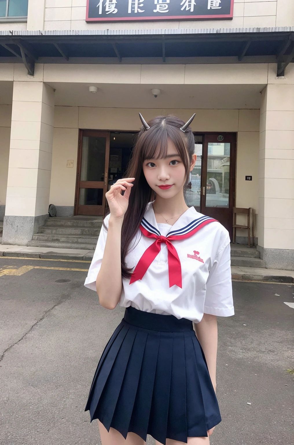 Girl in front of old Japanese train station,White sailor school shirt,Navy blue high waist pleated skirt,Hair adorned with a thin crimson ribbon bow,Bag,18 years old,Bangs,a little smile,knees,short hair,low ponytail,20 from below:15:Pink hair expires in 12 13 days, halo, horns, multicolored eyes, long pointy ears, mouth hold, Surrealism, Fujicolor, Suprematism, 8k, super detail, 16k, best quality, highres, UHD, masterpiece