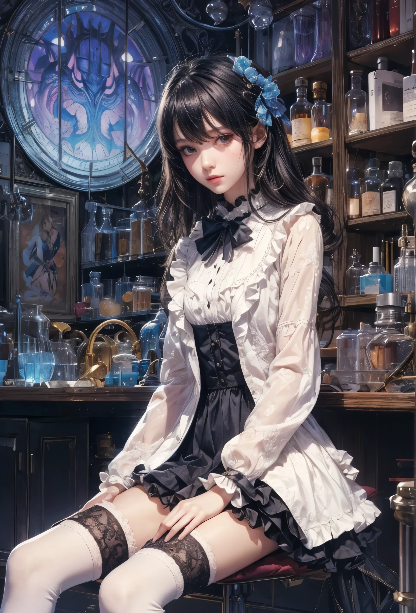 ((Highly accurate drawing in every detail)Extremely precise depiction)[High resolution],(detailed illustrations,とてもfineで緻密な描画,Delicate drawn lines with tempo,Realistic texture expression),[color traced main line](Old laboratory[Moonlight night]),(MONSTER Girl(Frankenstein)  (coarsely sutured skin [seam[patched skin]])[electrode bolt] [SKINNY])[Synthetic humans[machinery girl]],bandage ((white clothes) [race(frills)ribbon])[knee high socks],[[Colorful]Soft ambient light],(intricate and beautiful decoration [Dense detail]),(Fine and beautiful skin expression [transparency]),Precisely drawn eyes[完璧な目のdetailed(Iris drawn in minute detail)(Beautiful eyes like jewels)],[eyes light[Pinpoint lighting for the eyes]],[long and beautiful eyelashes],[precisely drawn hair [美しく艷やかな髪のdetailed]],(完璧な手のdetailed [Beautiful fingers with no damage [beautiful nails]]),(perfect anatomy(perfectly balanced proportions))[[full body portrait]],[ideal color coordination(Accurate simulation of light and material interactions)],((detailed,高fine)),[[Pale and gentle colors]][Visual art that tells a story] [[Eros in the Natural Body]],((highest quality)fine[[High density drawing]])(4K Quality).
