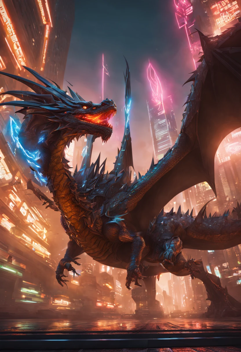 Cyberpunk dragons, , futuristic, Surrealism, ultrawide, Wide-angle lens, Look up, Dynamic movement, expressive, energetic, sacred edge, Laser hologram