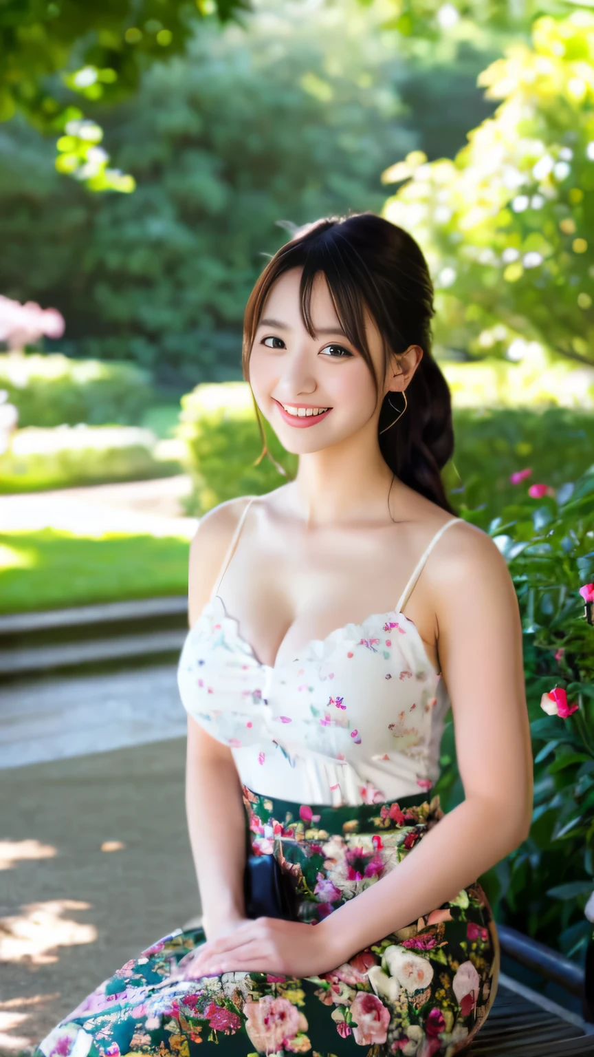 (realistic, photo-realistic:1.4), (extremely detailed 8k wallpaper), bokeh, detailed beautiful eyes and skin, (Image from thighs to head:1.3), ultra res, (Japanese idol:1.4), 25yo, beautiful woman, smile, Nogizaka, large breast, Floral print maxi skirt with a white tank top, Serene, Morning garden, Cottage porch,
