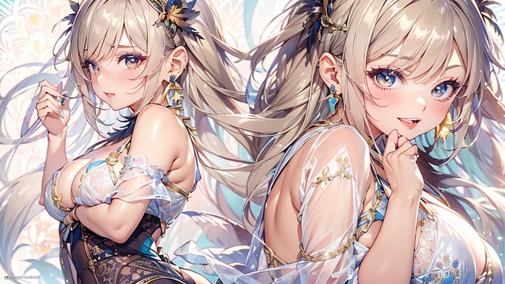 過去最高のmasterpiece、beautiful美しさ, 3D two-dimensional, rich, blonde, skirt, stockings, high heels, star、(Highly detailed CG Unity 8K wallpaper),(masterpiece), (最高quality), (Super detailed), (best work),(best shadow), (sharp eyeliner, eye shadow, fine eye:1.1), (超High resolution,realistic,最高quality,realistic),(8K,RAW photo,最高quality,star),mature woman、sensual curves、huge breasts、thighs、bubble、お尻のmasterpiece, 最高quality, Super detailed, full body shot, mature woman, beautiful mature woman, nightgown and underwear, enchanting smile, thick lips, Chubby lips, blush, looking at the viewer, provocative expression, beautifulhair型, cleavage, Plump、curvy hips、attractive face、sexy lingerie、an inviting gaze、Expression of emotions、Lewd underwear、(((erotic see-through lingerie set)))、Standing position、gorgeous accessories 、big breastsの女性, bare shoulders, 金色のhair, colored feather, metal ornaments, colored flowers, particle, light, (masterpiece, 最高quality, 最高quality, official art, beautiful and aesthetic:1.2), (1 girl:1.3), very detailed,(fractal art:1.1),(colorful:1.1)、(flowers:1.3),most detailed,(zentangle:1.2), (dynamic pose), (abstract background:1.3), (shiny skin), (lots of colors :1.4), ,(earrings:1.4), (feather:1.4),masterpiece, 最高quality, Super detailed, 30~40 years, full body shot, beautiful 、さまざまなhair型，gold headband，plump breasts，beautiful，greek clothing，Tulle covers the breasts，perfectly proportioned, detailed clothing details,marble，god statue，cinematic lighting, film grain, 8K, masterpiece, Super detailed, high detail, 高quality, High resolution,(((NSFW:1.2)))、exposed chest、Openwork decoration，(((see through dress)))、(((解剖学的に正しいbody))) , 最高quality, Super detailed, (((Lewd underwear)))、raise your butt, from below, (((R-18)))、thighs, big breasts, Are standing, cowboy shot, blush, (((1 girl))), (masterpiece:1.3), (High resolution), (8K), (very detailed), perfect face, Nice eye and face, (((最高quality))), (Super detailed), detailed face and eye, (alone), beautifuleye,(((sexy pose)))、(((整ったbig breasts)))、((beautiful eye))、luxury、(((超High resolution)))、(((detailed description)))、(((ぽっちゃりbody型)))、(((解剖学的構造に一致したbodyの部位)))、beautiful長いまつ毛、バランスのとれたbody型,2 feet、Just the right size for your legs and arms、Fishnet tights、glamorous、(((Clear white and black eye)))、lipstick、Sparkling、(Undistorted face, eye, body)、jewelry、gem、(長くカールしたbeautifulまつ毛)、(((バランス良いbeautiful胸)))、(transparent, Exquisite skin:1.2)、(((完璧なglamorousボディー)))、actress face、Super beautiful、Cute smile、Healing beauty、Flower shower、完璧なeye、realistic depiction、Super sexy、glossy、Glamorous、double eyelids、Good dark makeup、makeup、ぼやけていないeye , expensive_quality, expensive_solve, masterpiece*I wore, whitespace, colorful, 1 girl, alone, white_hair, prism hair, [pink|green] eye, gradient eye, multicolored eye, shine eye, shine, Sparkling, shine white particles, wind lift, full_body, Severe,