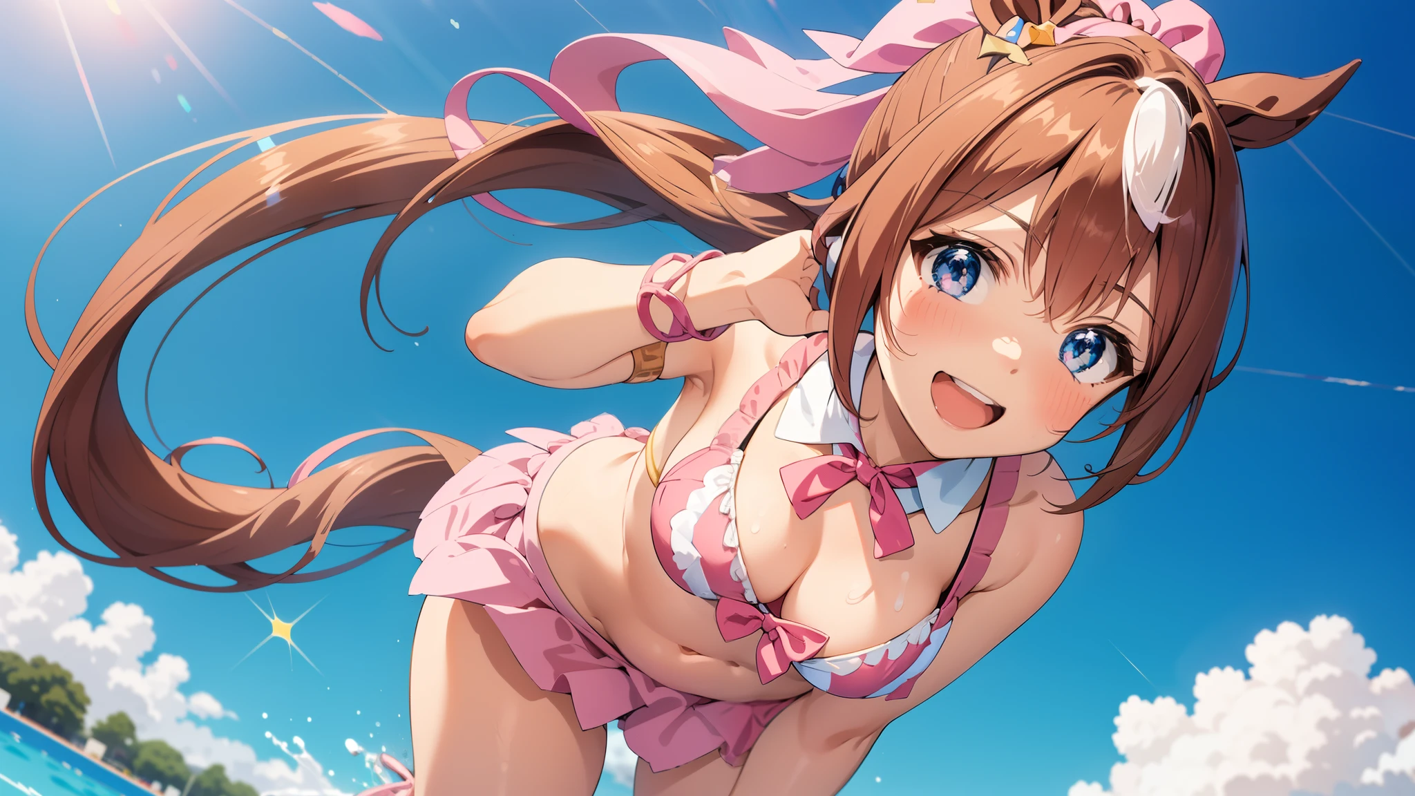 solo, 1 girl, masterpiece, highest quality,
tokai teio \(umamusume\),
From above, upward, look up, smile, open your mouth,
brown hair, ponytail, white mesh hair ribbon, pink ribbon, (bikini:1.4), ribbon on the chest, background a pool,