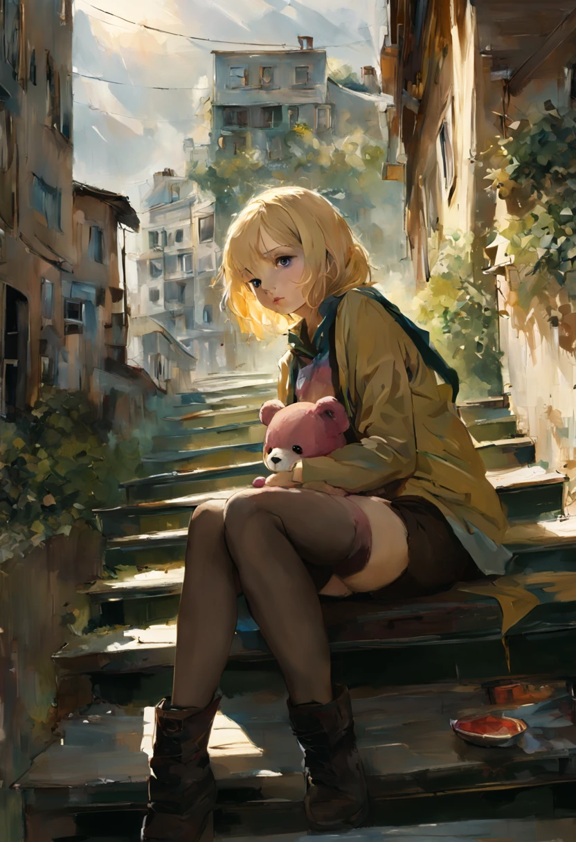An adorable and sad little orphan girl with smooth blonde hair, holding a fuzzy teddy bear, sitting on the steps staring off into the city, waiting, urban city, rural urban, afternoon, insanely detailed matte painting with rough paint strokes and textures, by Conrad Roset, Pino Daeni, Jeremy Mann, Alex Maleev, Carne_Griffiths, 16k resolution, oil on canvas, fine art, dramatic light, sharp focus