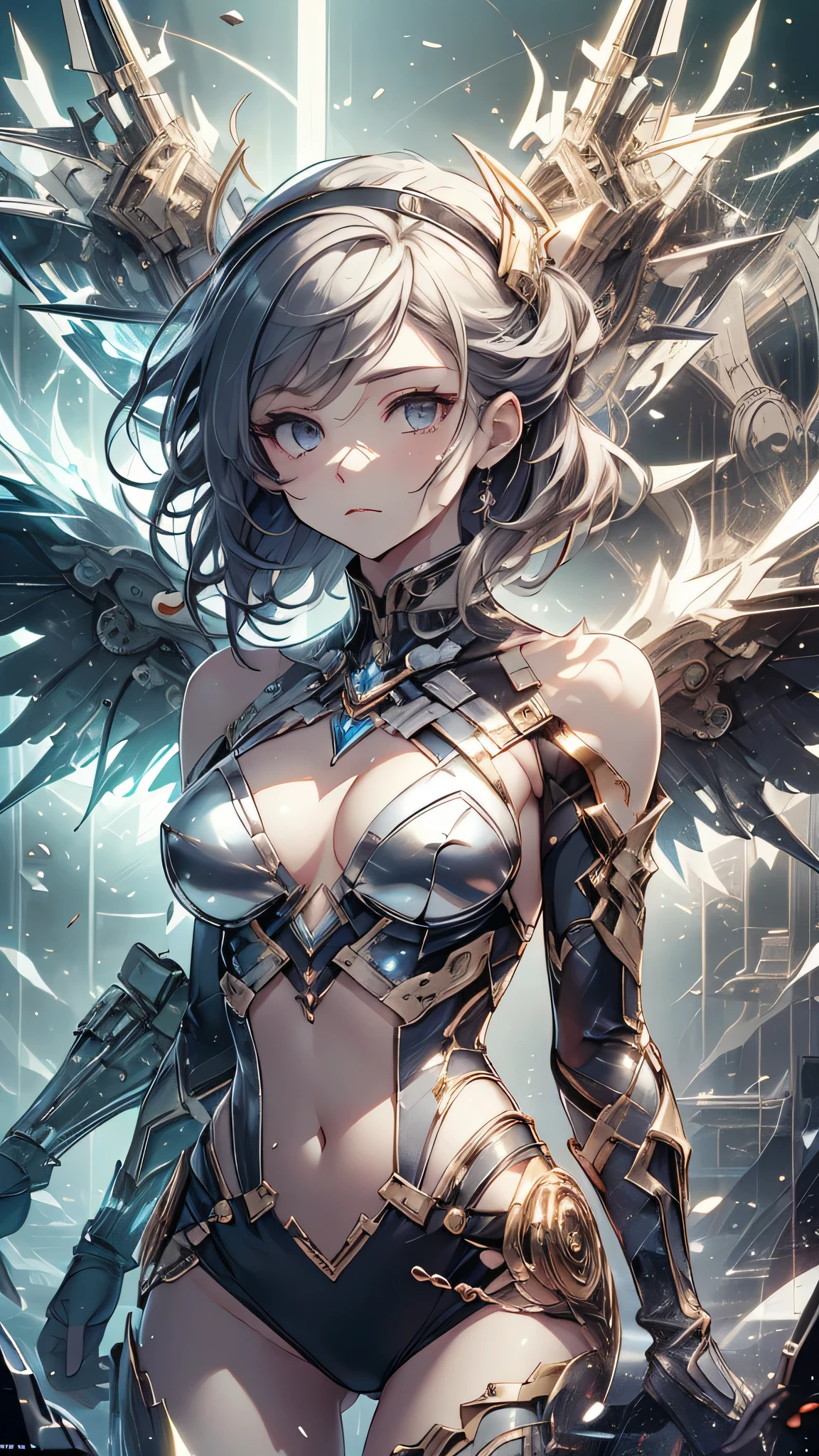 最high quality、best image quality、masterpiece、age girl((18-year-old、 By becoming、vest bust、medium bust,wide open breast tea、black eye, gray hAria、long hAria、thin,highest valley、Black Battlesuit、white arm parts、white leg parts、Holding a big sword、mechanical silver wings,Aria、splatters)),high quality、beautiful art、background((universe、battlefield、splattersing beams))瓦礫がsplatters、Depth of written boundary、movie、visual art、perfect art、8K,genuine