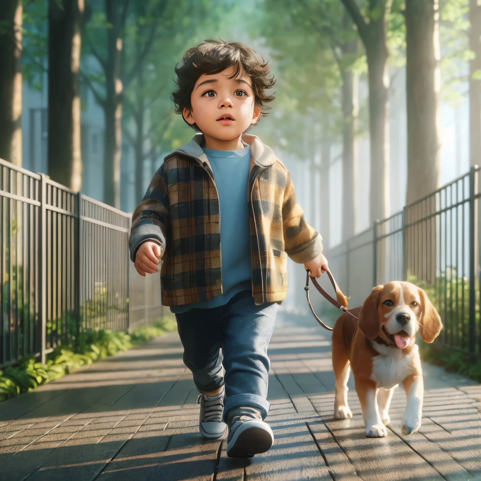 there is a young boy walking a dog down a sidewalk, adorable digital painting, concept art of single boy, realistic 3 d style, heartwarming, photo realistic style, childrens art in artstation, walking boy, ultra realistic picture, realistic painting style, fanart, realistic picture, 3 d render and matte painting, realistic scene, digital art. photo realistic, animation film still