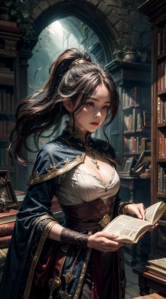 (extremely detailed, masterpiece), 8k wallpaper CG, magic book on (bookshelf:1.1),(floating bookshelf:1.2),(crammed bookshelf:0.9) with (strange:1.2) radiant glow, immersed in the atmosphere of (fantasy:1.3),(mythology:1.2),(enchantment:1.1), close up, depth of field, HDR, intricate